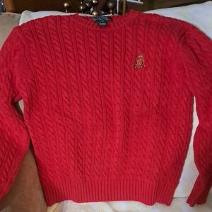 Ralph Lauren Red Cable Crewneck Sweater with Crest